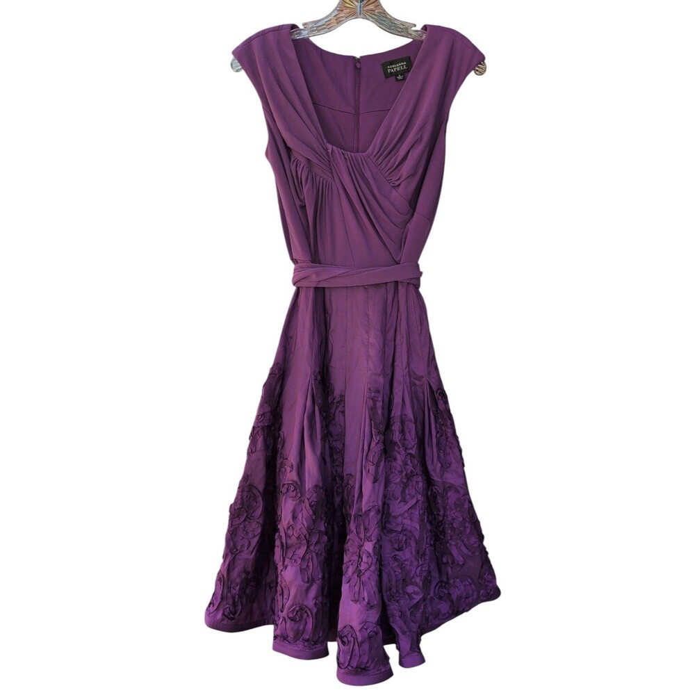 Adrianna Papell Purple Rosette Applique Fit Flare Midi Party Dress Size 4 Formal